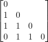 Rendered by QuickLaTeX.com \begin{bmatrix}0 \\1 & 0 \\1 & 1 & 0 \\0 & 1 & 1 & 0 \\ \end{bmatrix}