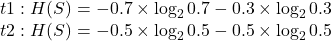 t1: H(S)=-0.7\times\log_{2}0.7-0.3\times\log_{2}0.3 \\t2: H(S)=-0.5\times\log_{2}0.5-0.5\times\log_{2}0.5