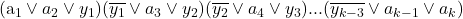 $(a_1\vee a_2\vee y_1)(\overline{y_1}\vee a_3 \vee y_2)(\overline{y_2}\vee a_4\vee y_3)...(\overline{y_{k-3}}\vee a_{k-1}\vee a_k)$